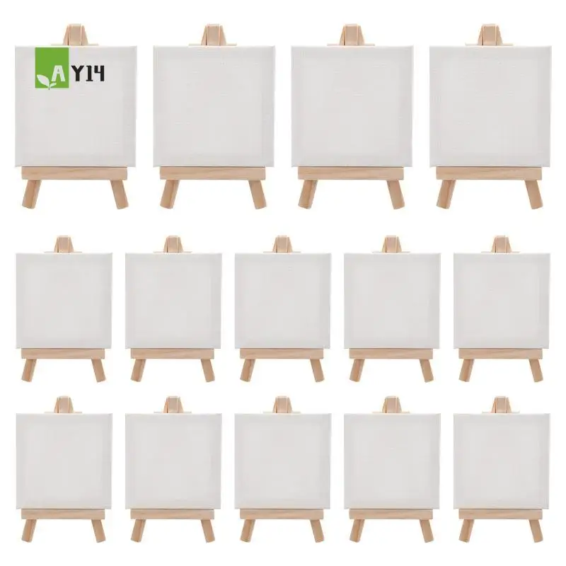 AY14 -14Pcs Mini Canvas And Easel Brush Set, Canvas 4X4 Inch, Pre-Stretched Canvas, Mini Painting Kit, Kids Painting Party