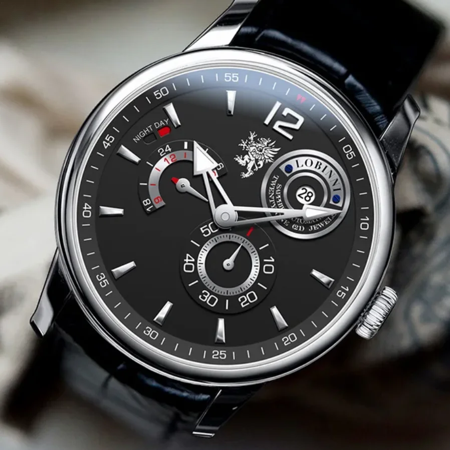 

LOBINNI мужские роскошные часы 42 мм автоматические механические наручные часы водостойкий сапфировый швейцарский кожаный ремешок