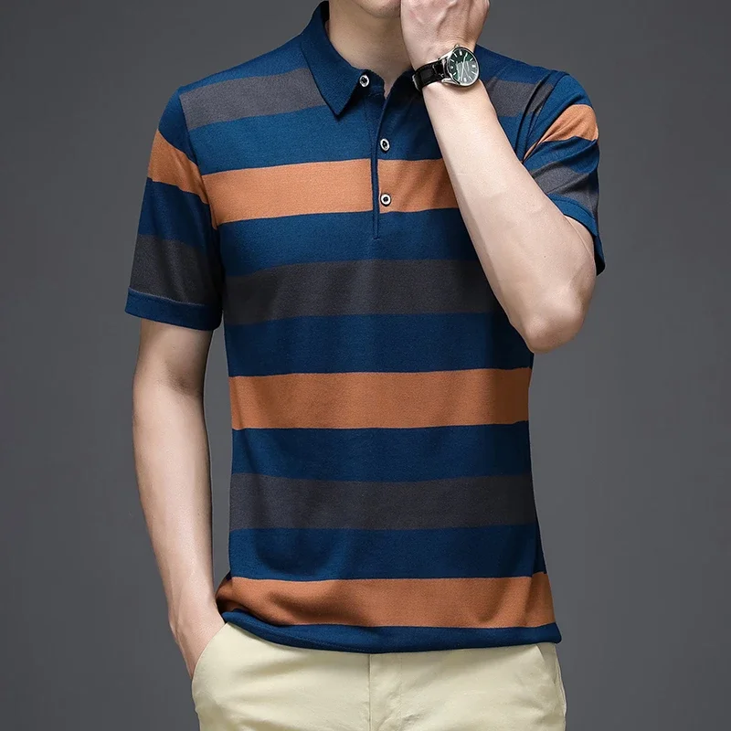 2024 Summer New Men\'s Knitted Stripe Short Sleeved POLO Shirt Comfortable and Cool Casual Fashion T-shirt