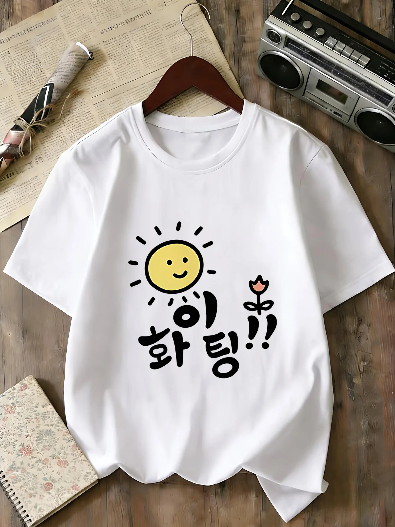 Boys Girls Family Matching Tee Lovely Sun Flower Korean Hwaiting Art Print Short Sleeve Soft Cotton Kids Daily Outdoor Outfit