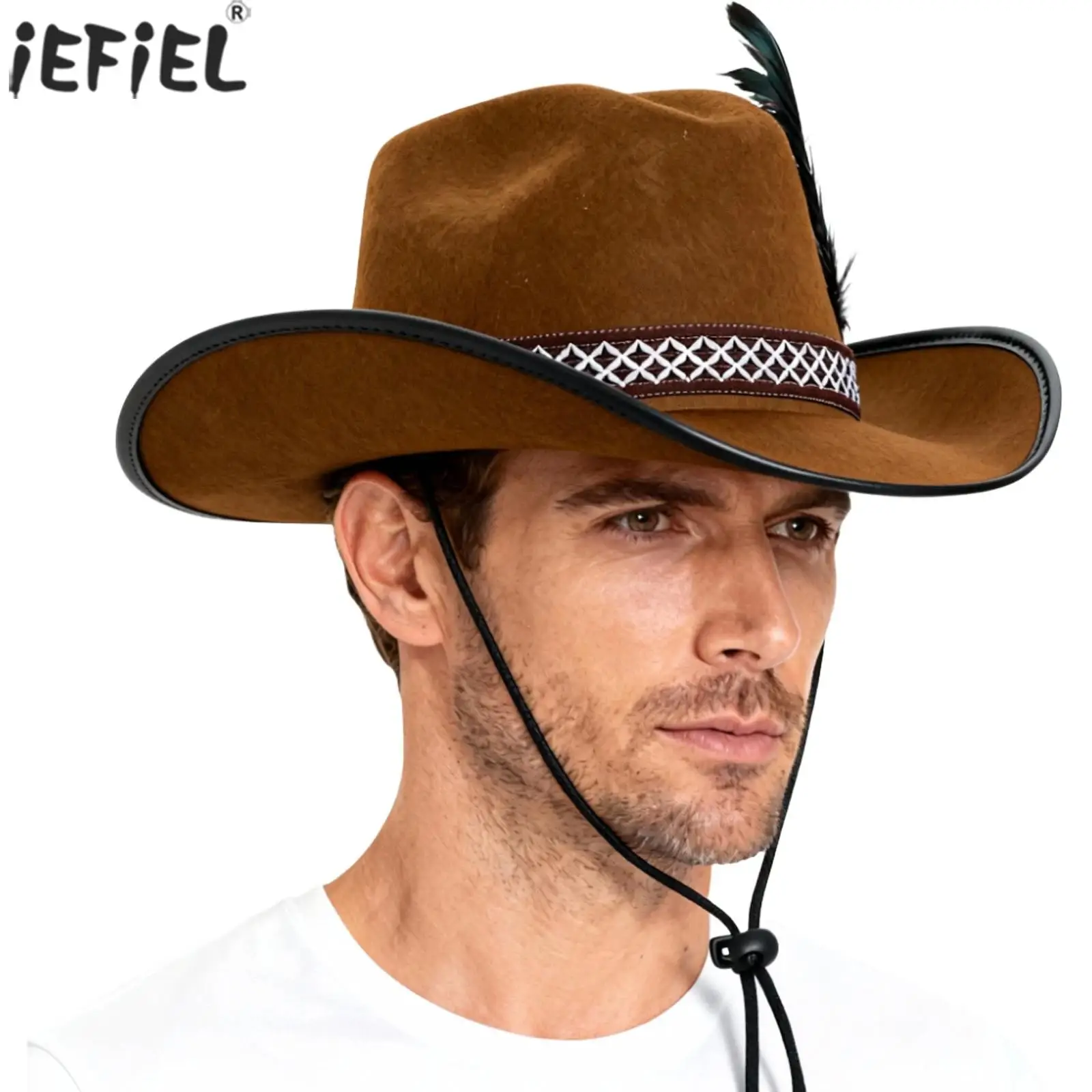 1Pc Western Felt Cowboy Cowgirl Hat Wide Brim Hat Unisex Rolled Up Caps with Drawstring Rope for Women Men Party Carnival