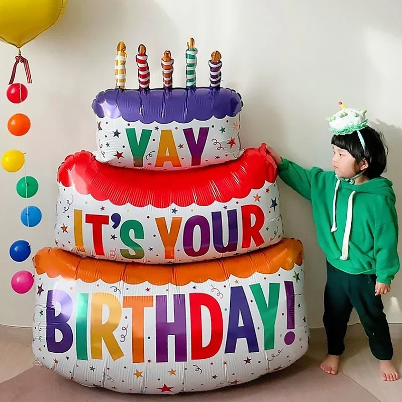 Large  Birthday Cake Balloons 3-Layer Color Candles Cakes Balloons Bear Cake Ballon for Baby Shower Party Decoration Globos