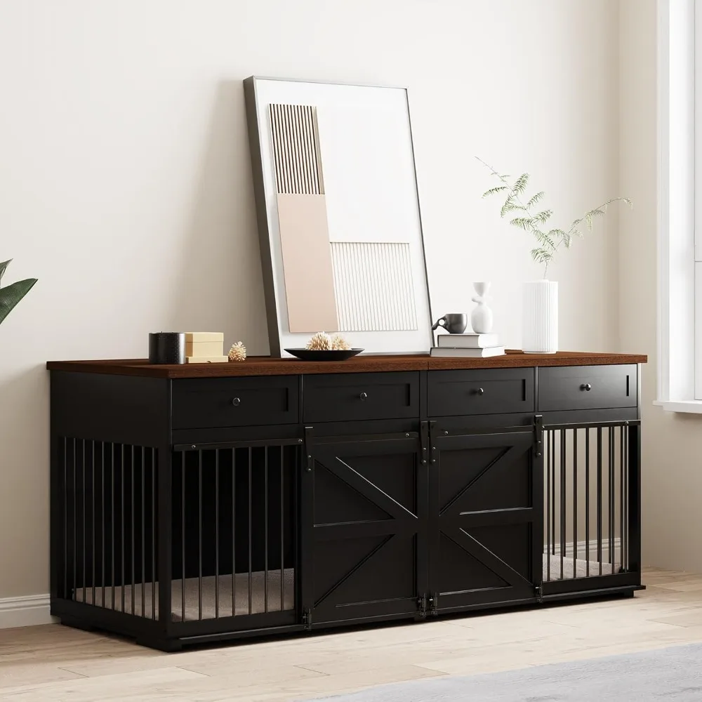 

Very /Furniture Style Dog Crate - Indoor Wooden Dog Kennel Furniture With 4 Drawers & 2 Sliding Barn Doors - For Small Medium La