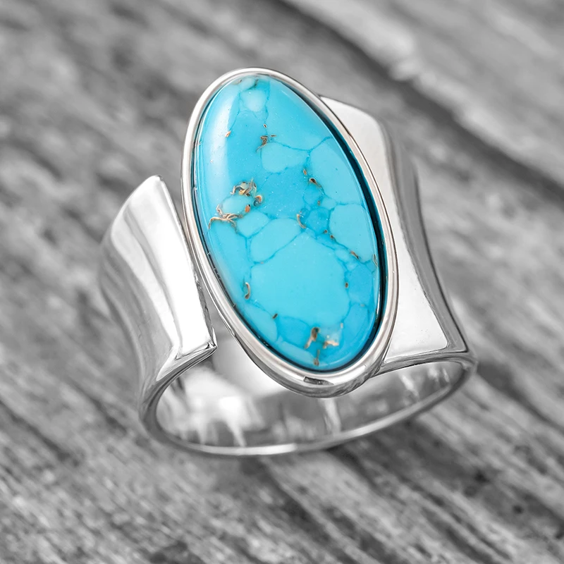 Huitan Bohemia Großer Ovaler Blauer Imitations-Türkis Offener Verstellbarer Ring für Frauen Silberfarben Täglicher Party Vintage Damenschmuck