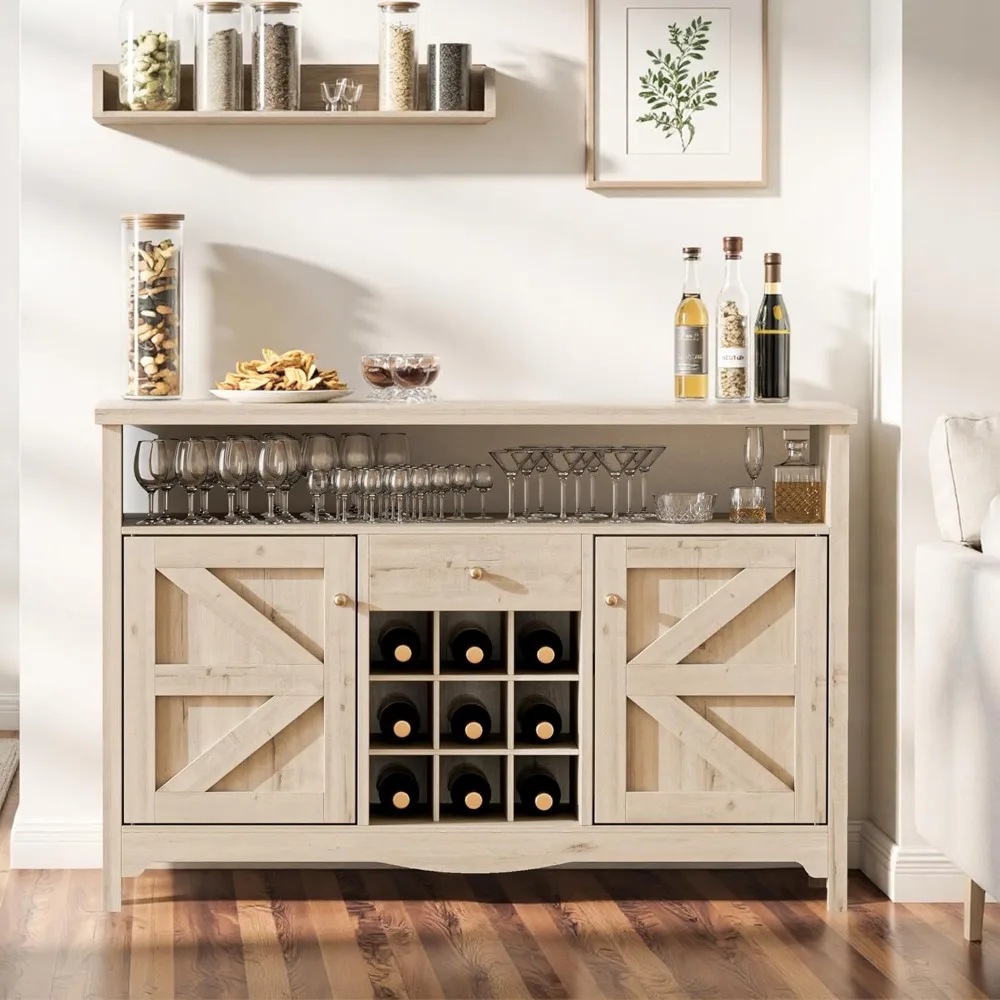 خزانة مشروبات مقاس 45.7 بوصة، خزانة بوفيه جانبية لبار القهوة المنزلي في المزرعة مع 9 رفوف نبيذ وبابين للمطبخ، Li