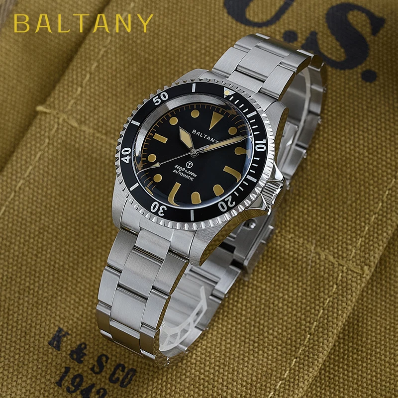 Baltany S3075 Vintage MilSubmariner Uhr Rotationslünette gebürstetes Armband Luminou Leder Saphir Edelstahl Taucheruhren