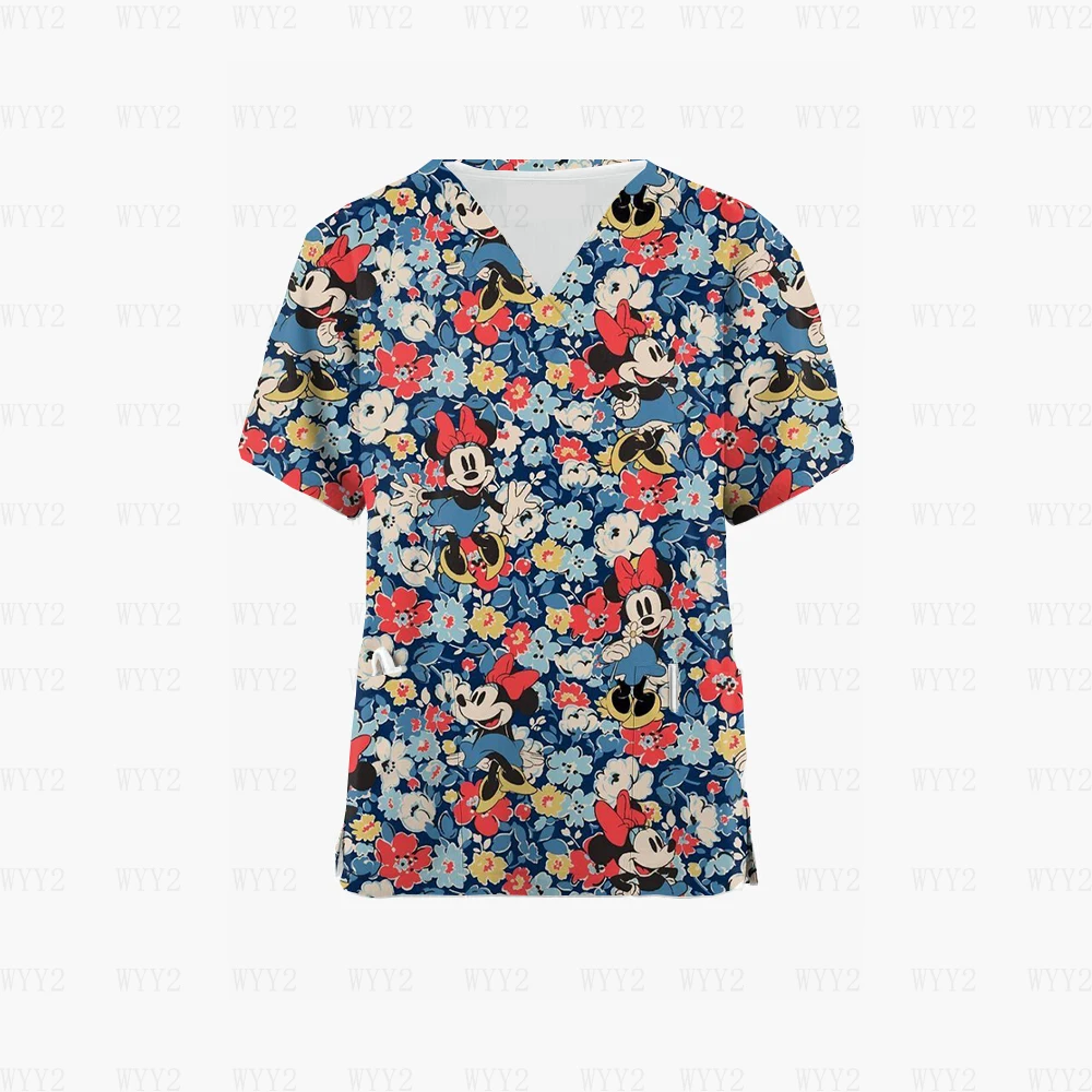 Disney Print Classic Floral Mickey Mouse Medical Uniform Nurse Female Scrub Top Work Uniform Shirt Scrub Nurse Uniform