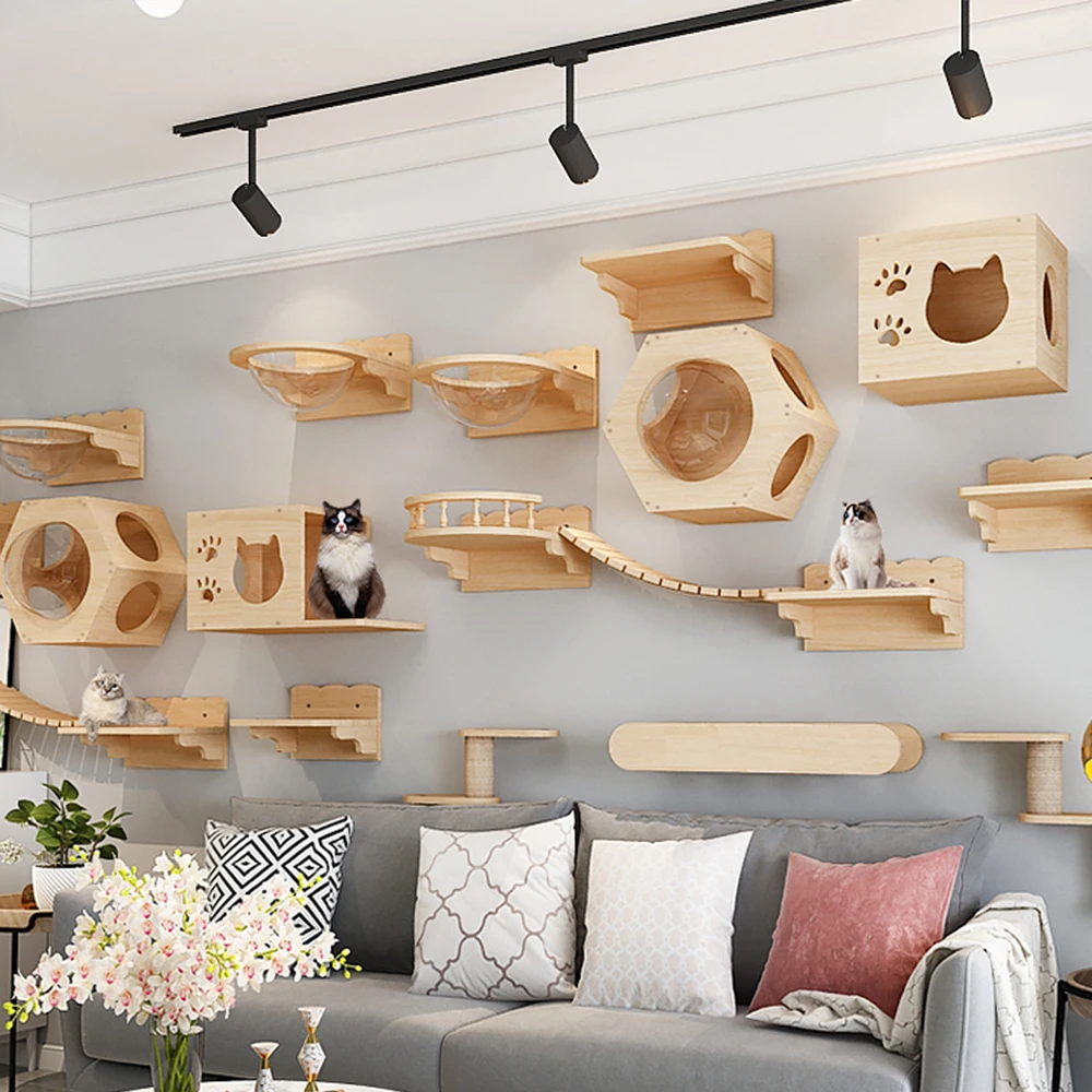 Wall Mount Cat Furniture Natural Wood Floating Cat Shelves Indoor Kitten Climbing Rest Perch Space Saving Pet Wall Activity Set