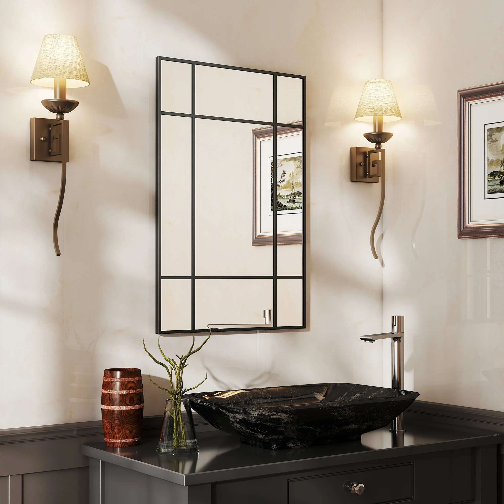 HOMCOM Wandspiegel 90x60 cm Decoratieve Spiegel Metalen Frame Rechthoekige Spiegel Slaapkamer Badkamer Zwart
