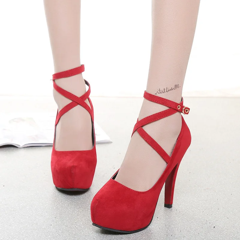 2026 Suede Cross Ankle Strap Red Sole Stiletto Pumps 11cm Platform Shoes for Women Round Toe Party Wedding High Heel Dress Shoes view 6