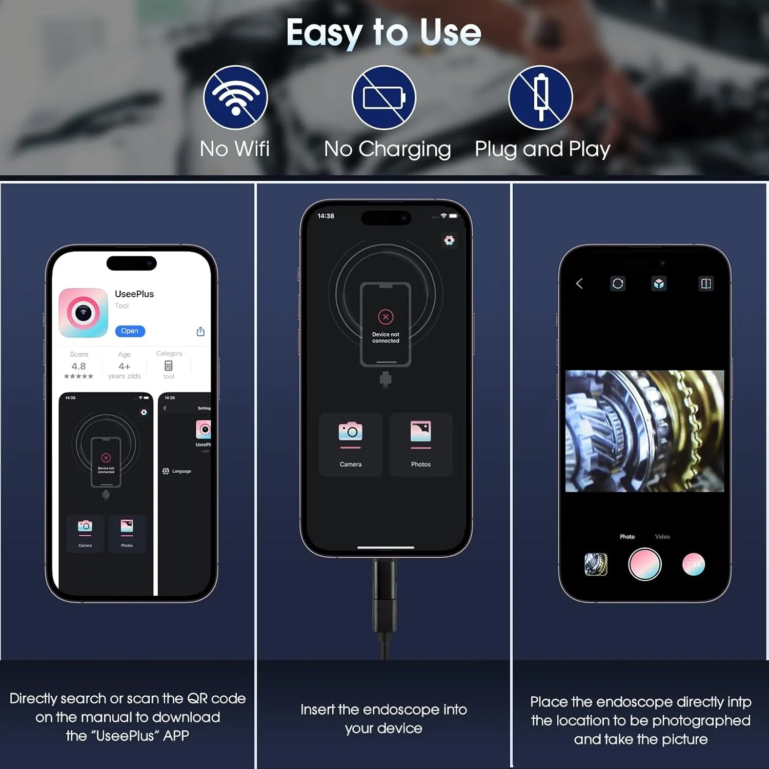 8mm 2MP IP67 Waterproof Endoscope Camera with Adjustable Light, USB Type-C Borescope Compatible for Mobile Phones Tablets