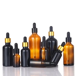 Refillable Dropper Bottles 5-100ML Gold Lid Cosmetic Container Black Glass Aromatherapy Liquid for Essential Massage Oil Pipette