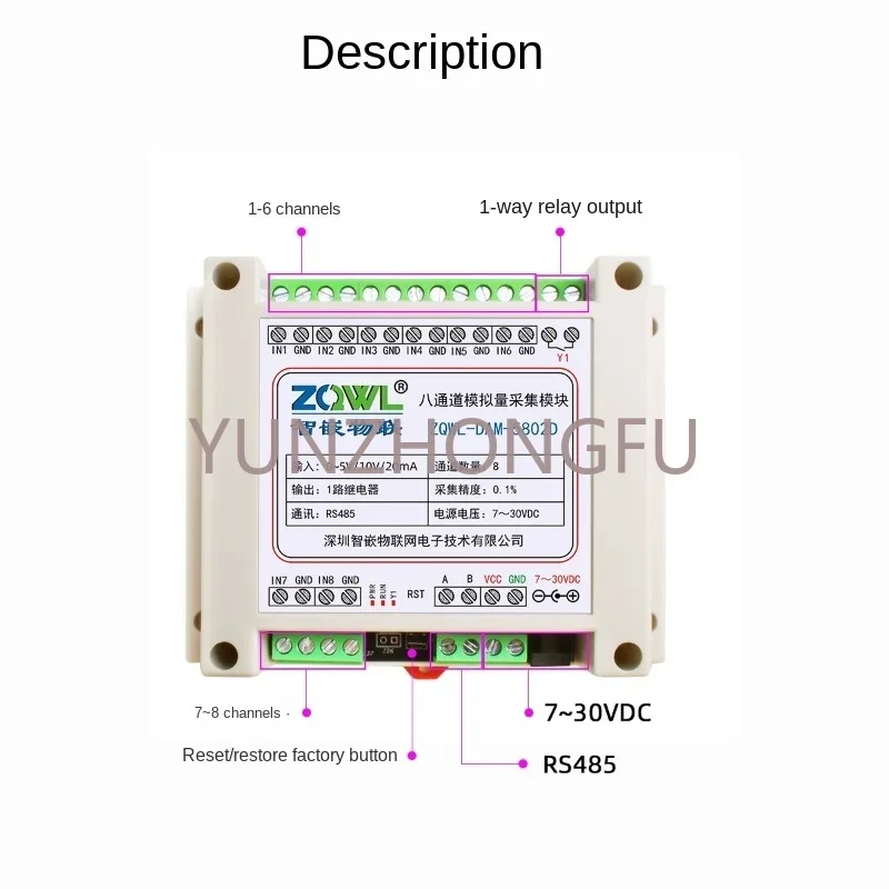 8-Way Analog Acquisition Module 0-5v/0~10V/4-20mA to RS485 Voltage Current Temperature Modbus