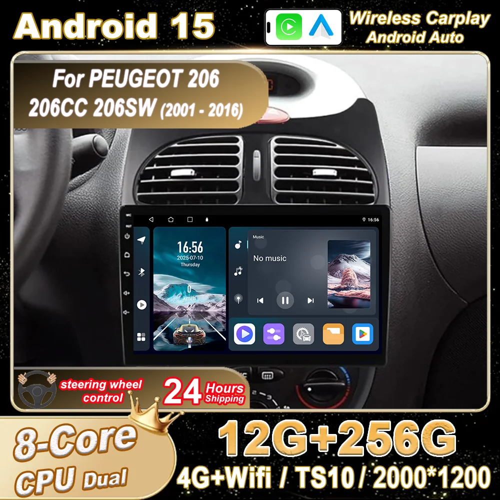 Carro android 15 para peugeot 206 206cc 206sw 2001 -2016 rádio automático estéreo multimidia player navegação gps carplay tela de toque 4g
