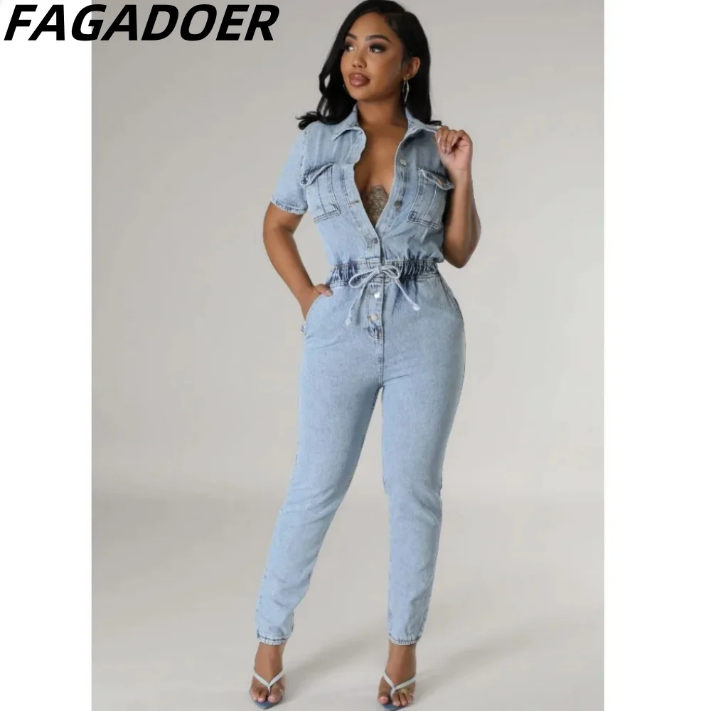 FAGADOER Light Blue Denim Fashion Drawstring Jumpsuits Women Turndown Collar Short Sleeve Button Playsuits Casual Cowboy Overall