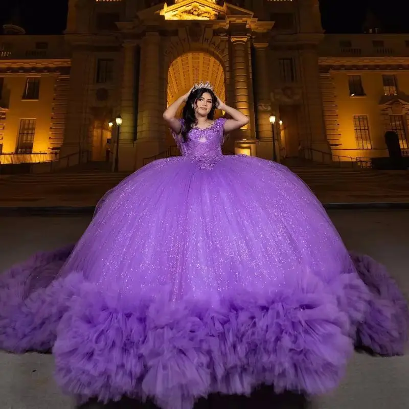 Lavender Shiny Princess Sweetheart Quinceanera Dresses Off The shoulder Applique Beads Tull Tiered Lace-up Corset vestido xv 15