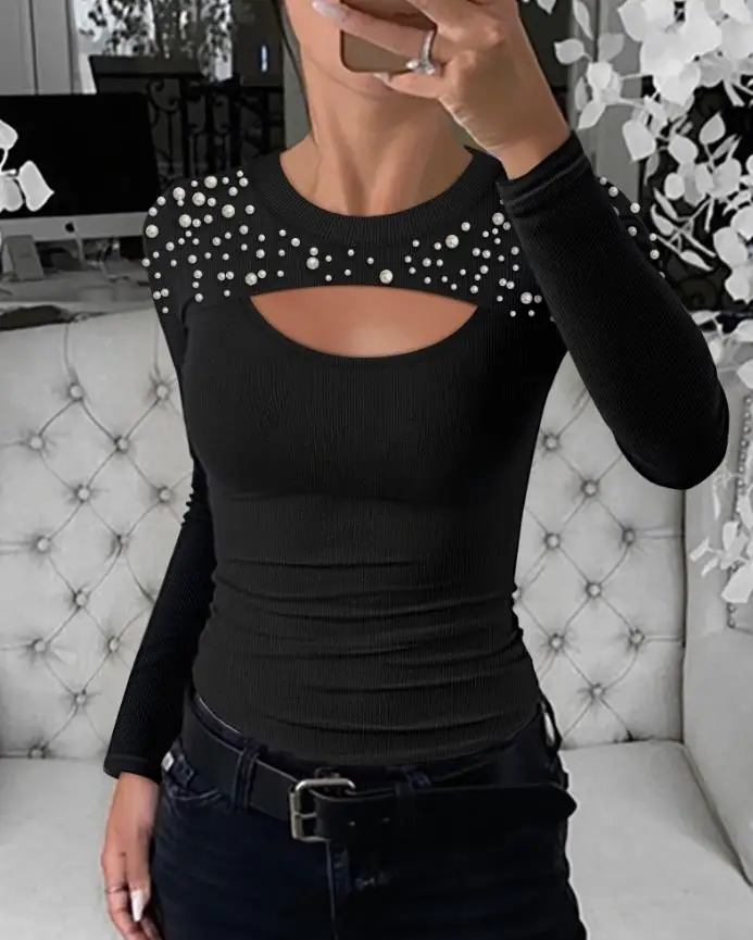 

Осень-зима 2024, новая модная повседневная сексуальная футболка со стразами и бабочкой, ажурная футболка с длинными рукавами, облегающий многослойный топ в рубчик