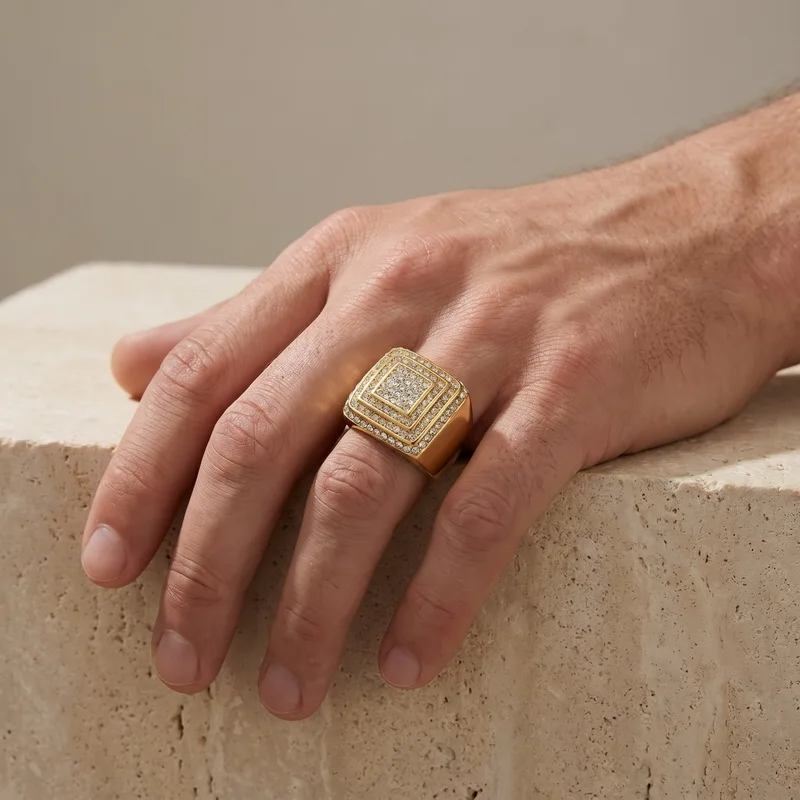 Kalen Herrenring, größer, quadratisch, hochwertig, mit CZ-Kristallen, Edelstahl, Schmuck, männlicher Charme, Fingerring, Damen-Accessoire – Detail 4