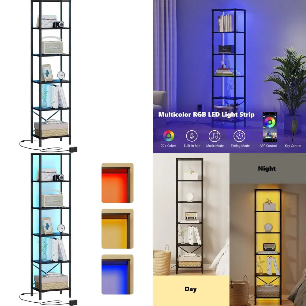 

6-Tier Tall Narrow Bookcase with LED Lights, Steel Frame Storage Shelf for Living Room, Bedroom, Home Office, Study, Balcony, Bl