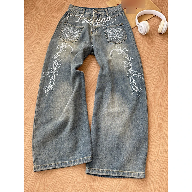 

Rose Letter Embroidery Jeans New Blue Washed Wide Leg Straight Trousers Female Commuting Oversized All-matched Denim Pants