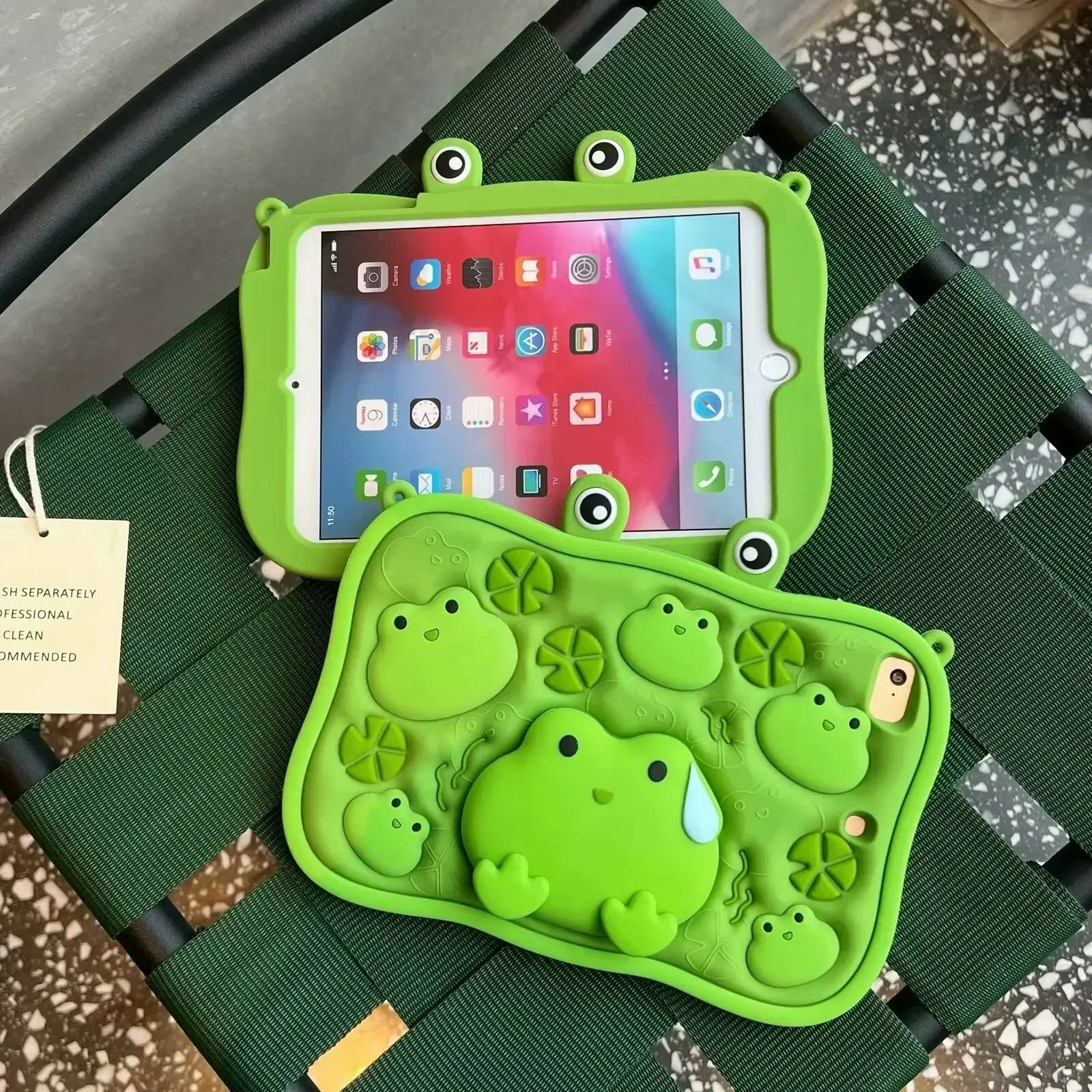 Casing anak-anak, untuk iPad 9.7 6th 5th pro 9.7 inci lucu kartun hijau katak Tablet penutup untuk iPad 5 6 Air 2 1 dengan braket teleskopik