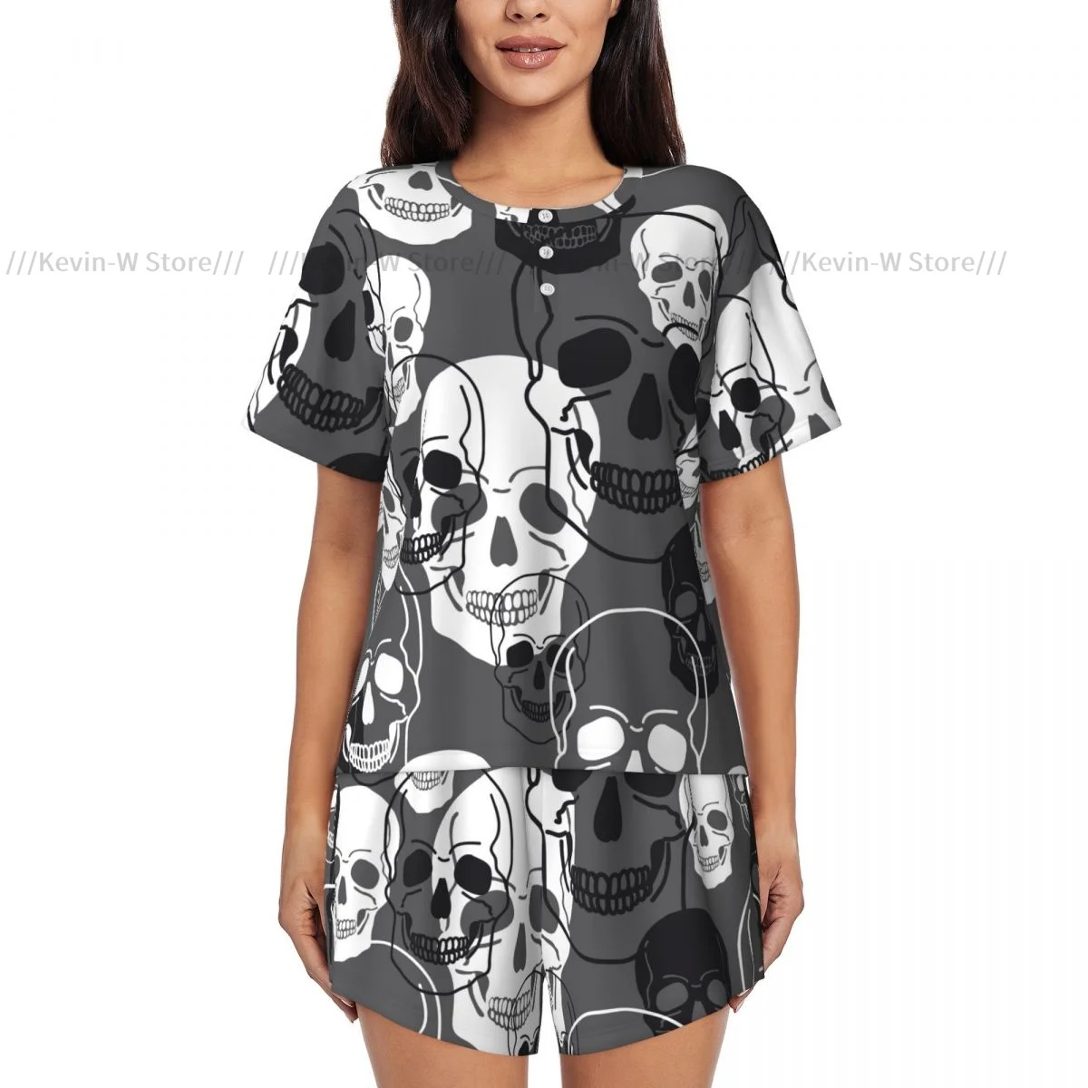 Women's Pajamas Short Sleeves Abstract Skulls Modern Print 2 Pieces Female Summer Sleepwear Nightwear Homewear