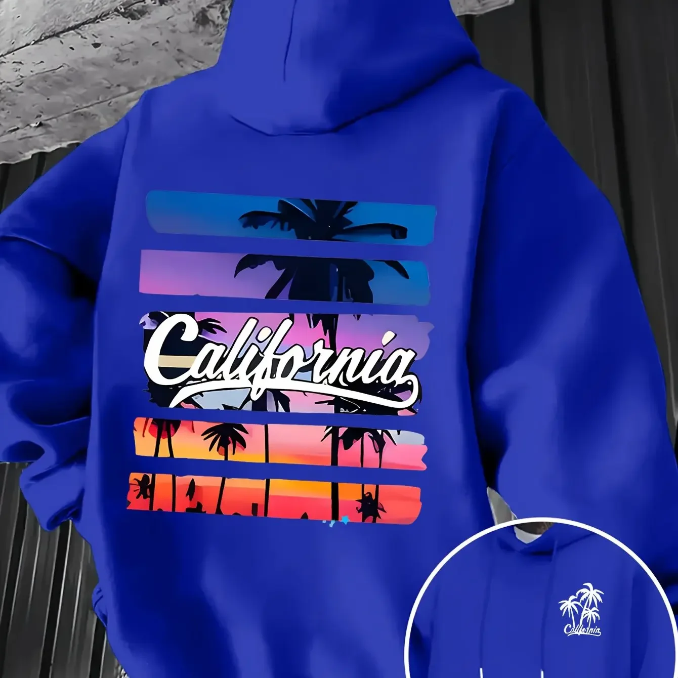 Men Thick Warm Hoodie Vintage Striped Sunset Palm Tree California Script Print West Coast Daily Commute Pullover