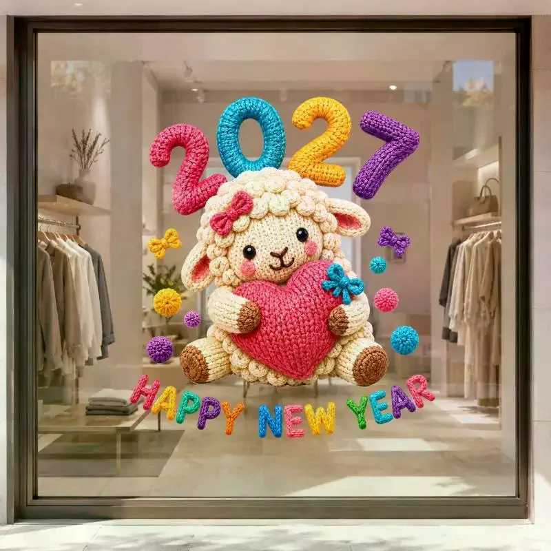 2027 Knit Sheep Static Window Sticker Happy New Year Decals Cute Lamb Christmas Window Decor Home Decoration Shop Glass