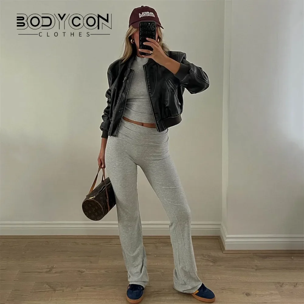 Women Casual Slim Fit 2 Piece Set Short Sleeve Crop Tops + Pants Elegant Matching Suit Vintage Y2K Rib Knitted T-shirt Outfits