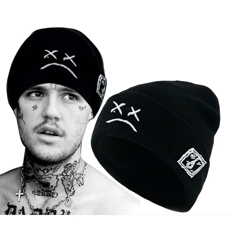 

LilPeep Embroidered Knitted Hat for Men and Women, Bean Hat, Sad Face Expression, Funny, Winter