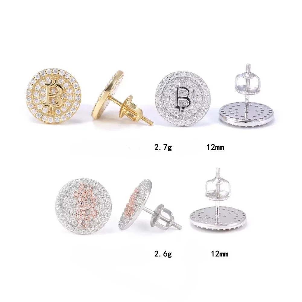 

Hiphop Iced Moissanite Bitcoin Stud Earrings 925 Sterling Silver Rock Jewelry Mosan Diamond Ear Studs Men Pass Tester