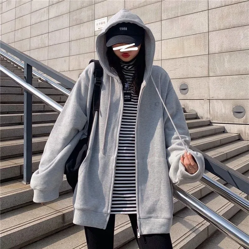 Women Casual Zip Up Oversized Hoodie Sweatshirt Female Streetwear Hooded Pocket Zipper Harajuku Sweat Shirt Y2k Top Clothes