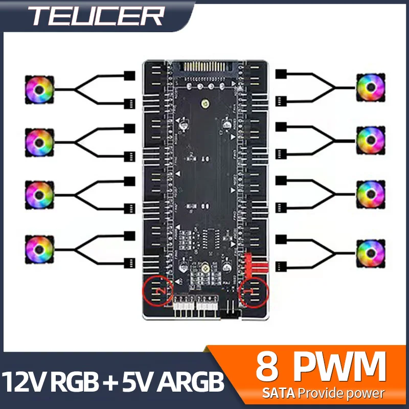 Magnetic 3in1 Multi Splitter Fan Hub 8 Way 5V 3PIN ARGB 12V 4PIN PWM SATA Power PC Accessories and 2 Way 12V/4Pin RGB Interface