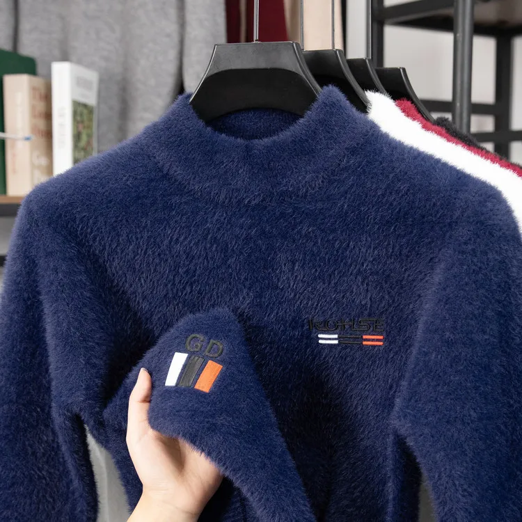 

2025 Mink Fur Sweater Men's Thick New High-quality Semi High Neck Warm Base Autumn and Winter