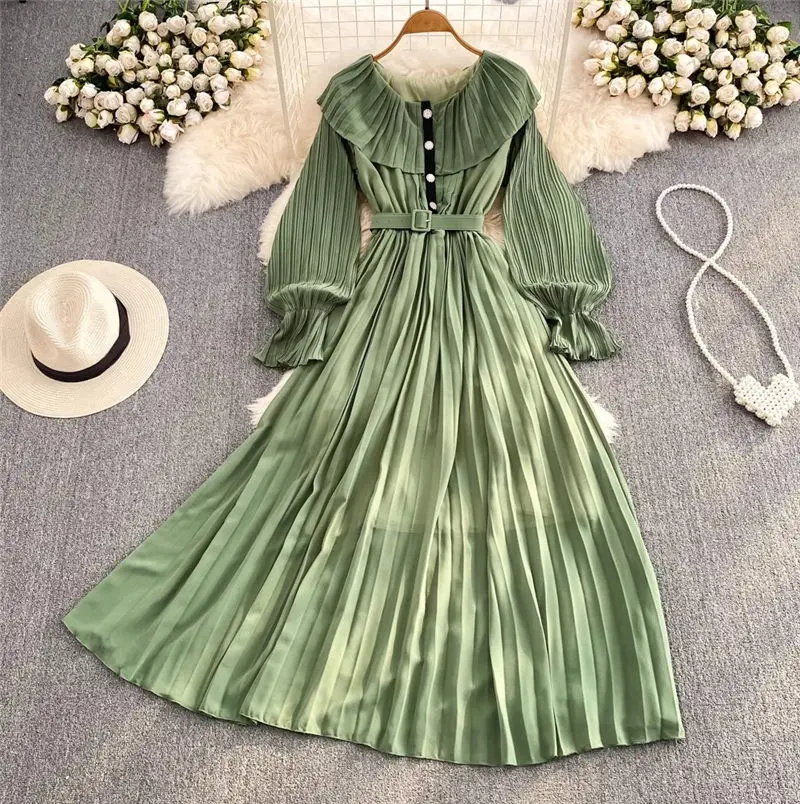 

Light Mature Style Retro Doll Collar Dress Autumn Horn Long Sleeve Slim A-Line Pleated Dress Elegant Women's Maxi Vestidos C088