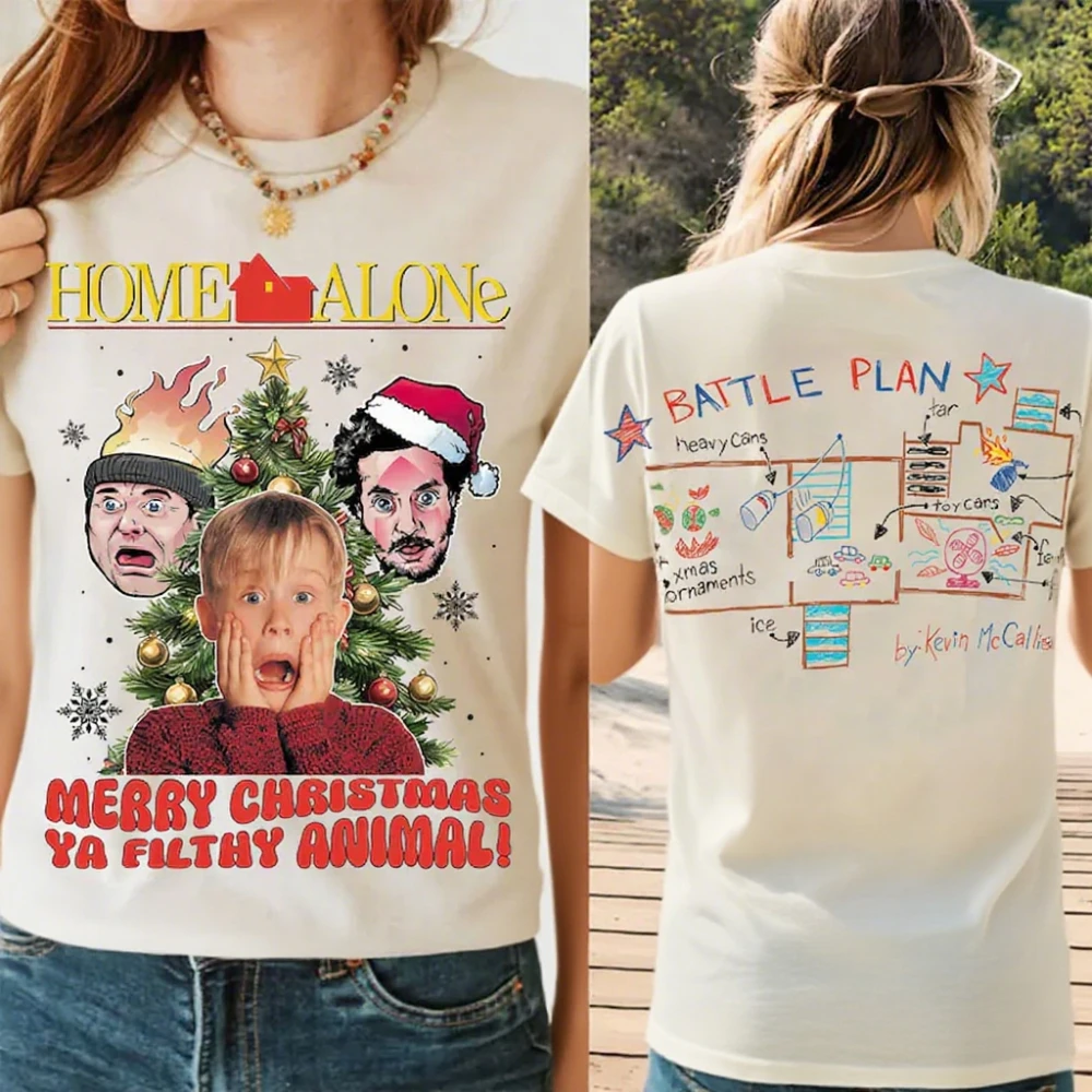 

Забавная рождественская футболка из фильма «Один дома», рубашка из фильма «Домой безопасности», футболка с двусторонним принтом, модная рождественская женская повседневная футболка с коротким рукавом