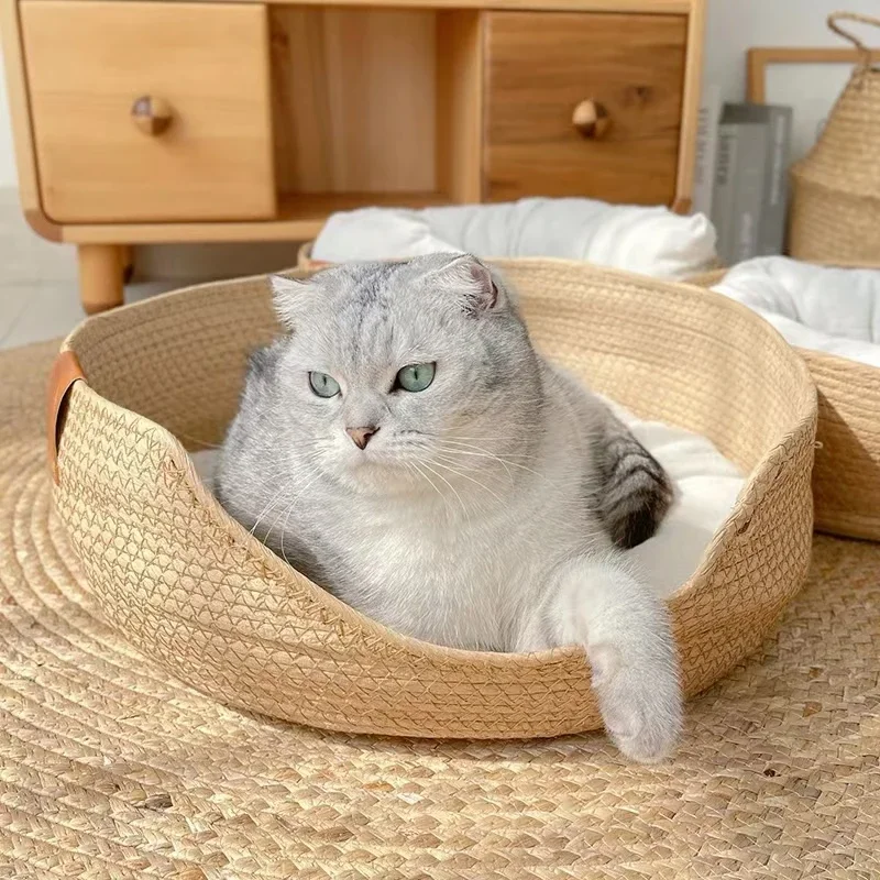 1PC Rattan Woven Pet Cat Bed with Cushion Warm Round Sleeping Basket Sweet Cat Bed Removable Cushion Sleeping House Pet Product