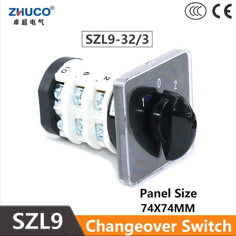 

ZHUCO SZL9-32/3 1-0-2 32A Three Positon Three Phase 12 Screw Silver Contact Electric Selector Universal Changeover Cam Switch