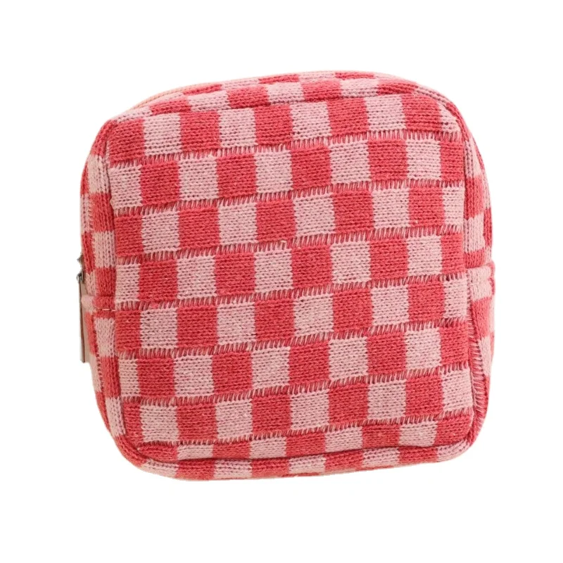 Color-block Checkerboard Knitted Zipper Bag Mini Makeup Cosmetic Bag Women Sanitary Napkin Tampon Organizer Card Coin Pouch