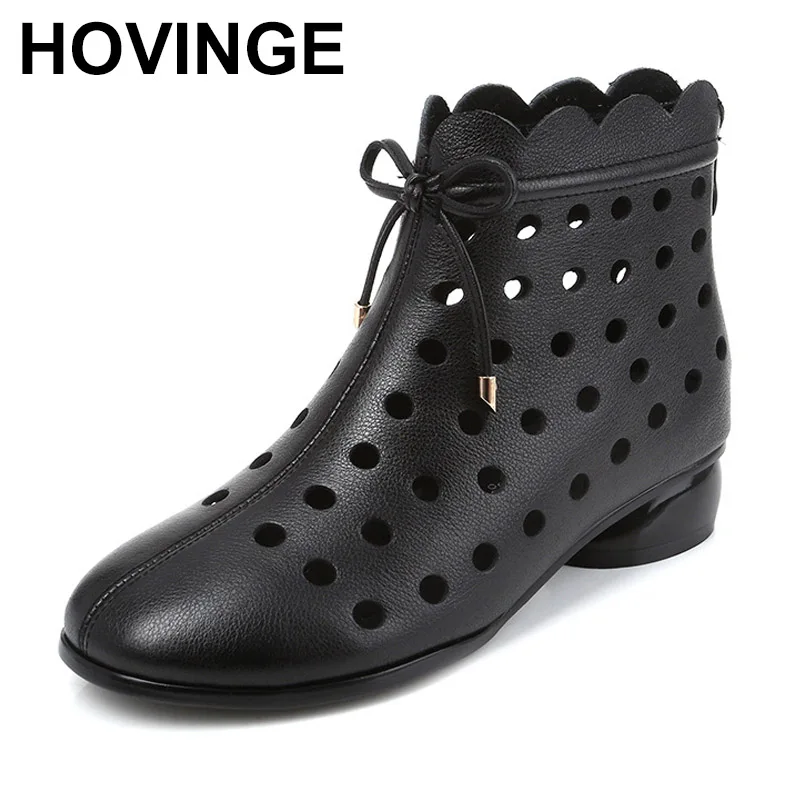 

2025 Summer Ankle Boots Genuine Leather Shoes Women Med High Heel Back Zipper Boots Cutout breathable