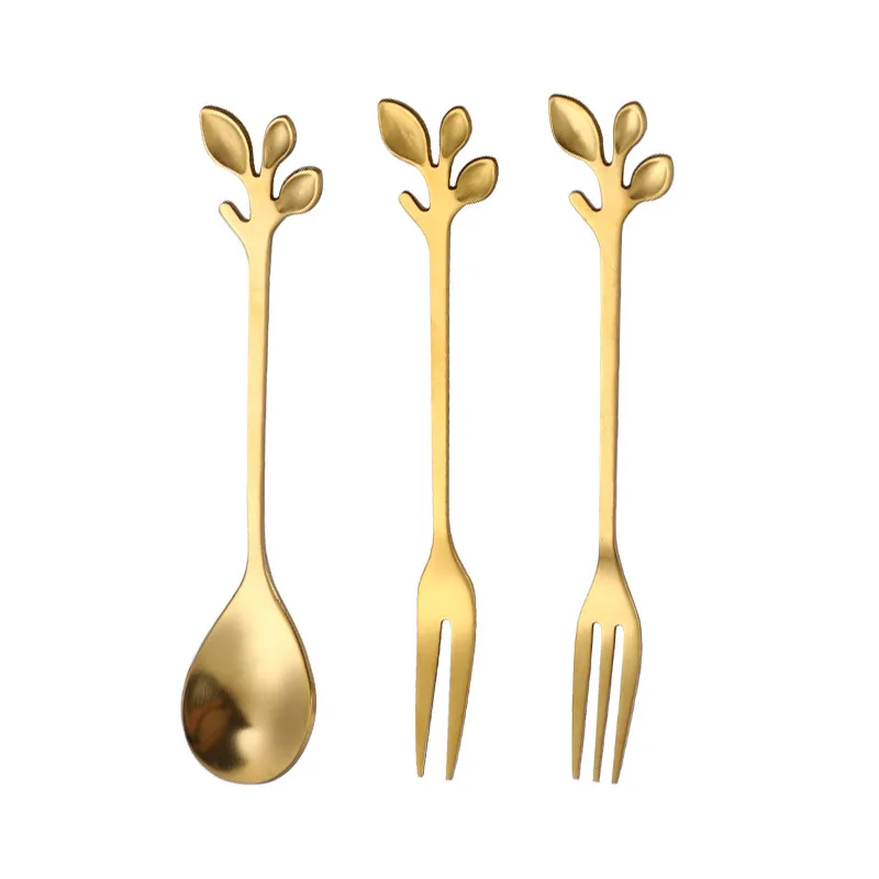 

3pcs/set Leaf Tea Spoon Tea Fork Long Stainless Steel Tableware Ice Spoon 12cm Long Fork Dessert Spoon Fruit Fork