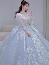 Long Sleeve Shiny Wedding Dress Embroidered Lace Sequined Vintage Bridal Gown With Bow And Beading Vestido Customized