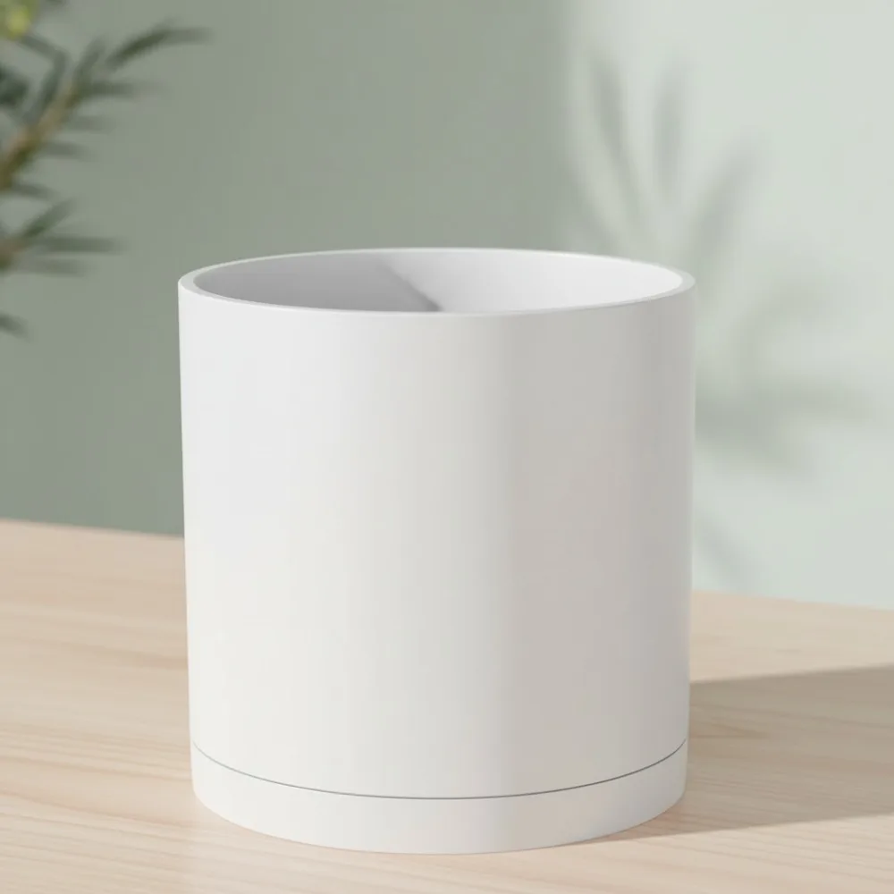 

12-Inch Large Modern Cylinder Planter with Drainage Holes & Saucer, Thick-Walled Plastic Plant Pot for Indoor Outdoor Plants