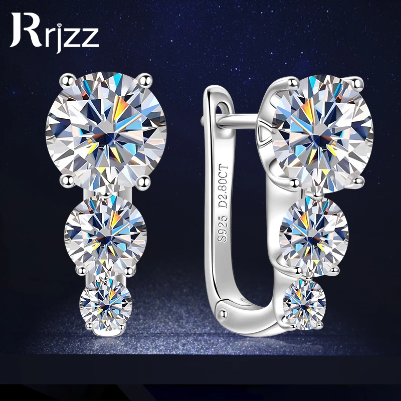 

925 Sterling Silver Ladise Three-Stone Gradient Design Earrings 8mm 5.5mm 3.5mm Round Moissanite Hoop Earring for Women Jewelry