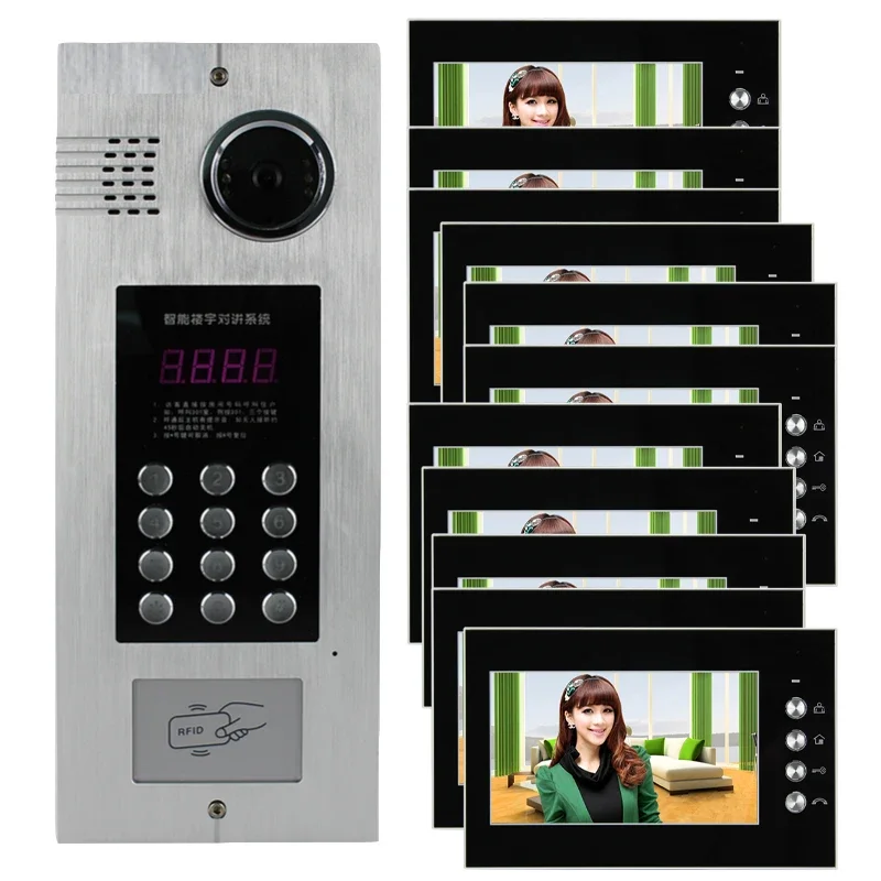 Night Vision Password Unlock ID IC Card Reader 12 Multi Apartment Building  Intercom Video Door Phone