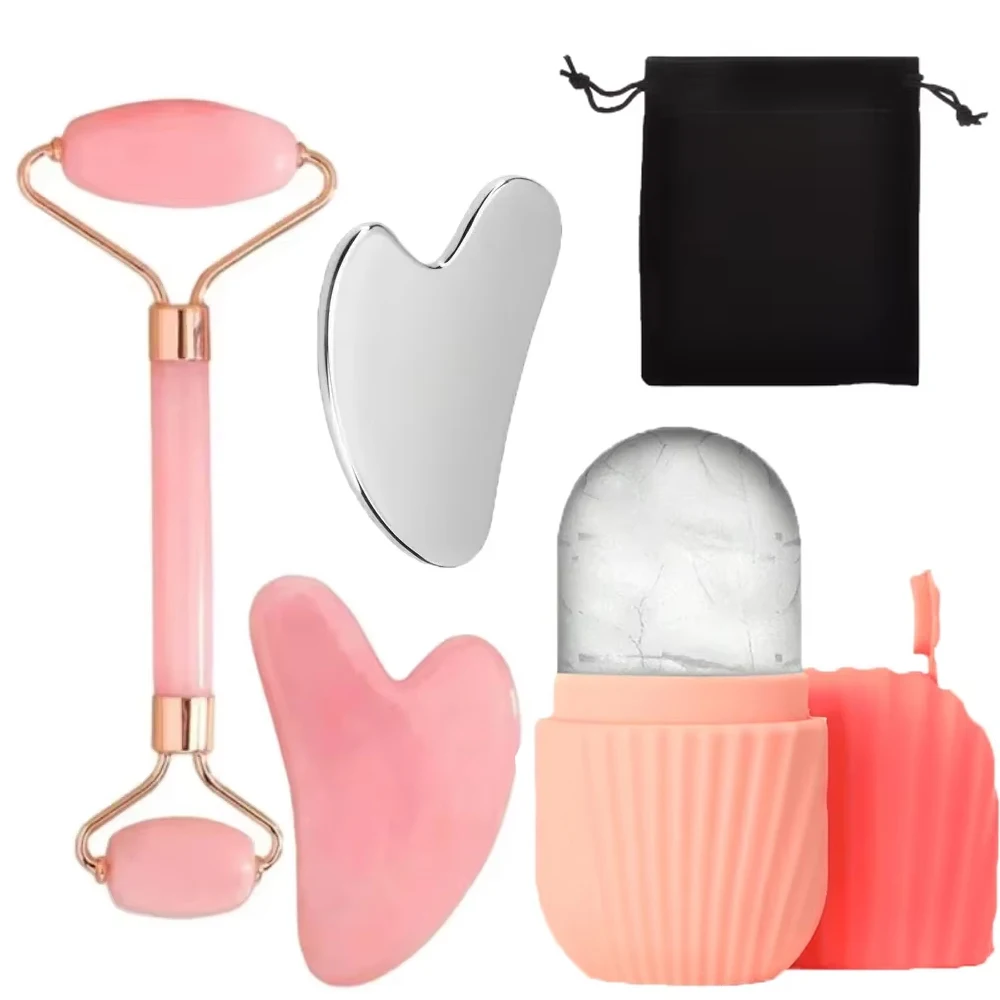 Set de Rodillo Facial y Gua Sha, Tabla de Raspado de Acero Inoxidable, Rodillo Facial de Silicona para Hielo, Herramientas para el Cuidado de la Piel y Masaje Facial