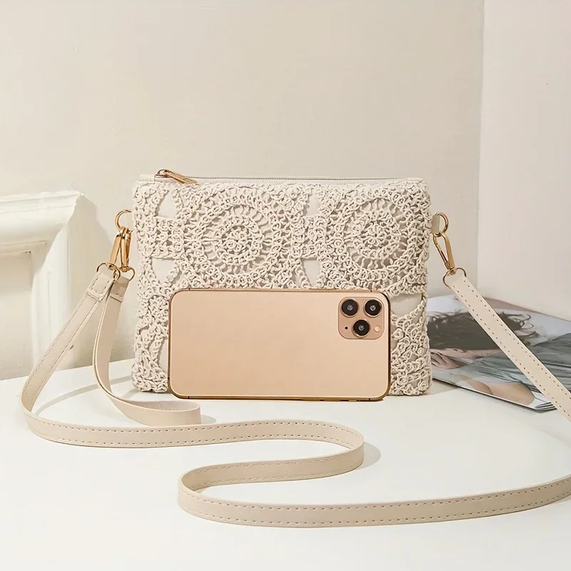 Luxuriöse, ausgehöhlte Blumen-Häkeltasche, schicke Strohtasche mit Reißverschluss, Clutch-Tasche mit verstellbarem Riemen, tägliche Damen-Umhängetasche – Detail 4
