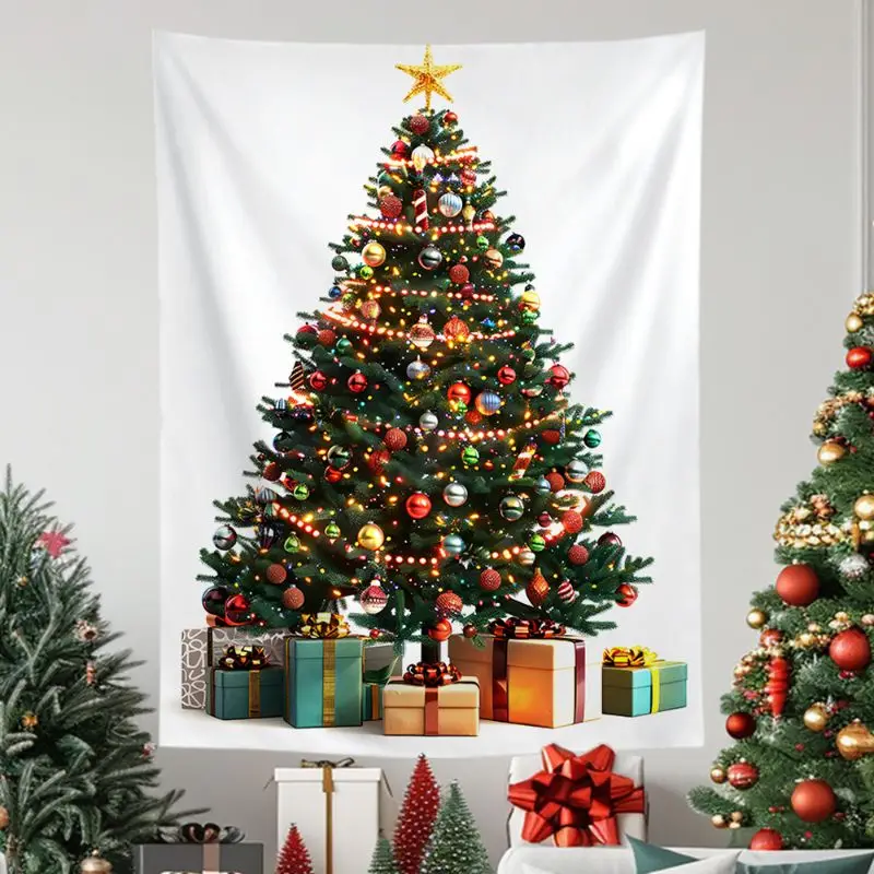 VIKAMA Wall Tapestry Christmas Hand Painted Tree Candy Cane Red Ornaments Home Decor Living Room Bedroom Dorm Festive Print Soft