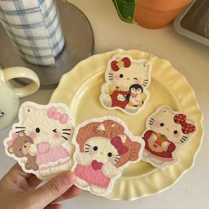 

4Pcs Hello Kitty Cartoon Wood Pulp Cotton Absorbent Dishwashing Cloth Sanrio Cleaning Kitchen Non Greasy Sponge Block