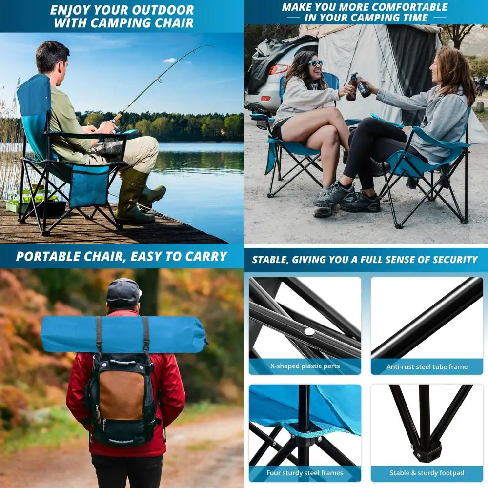 

Blue Outdoor Beach Camp Chair with Cup Holder, Storage Pocket, and Waterproof Bag, Supports 225 lbs